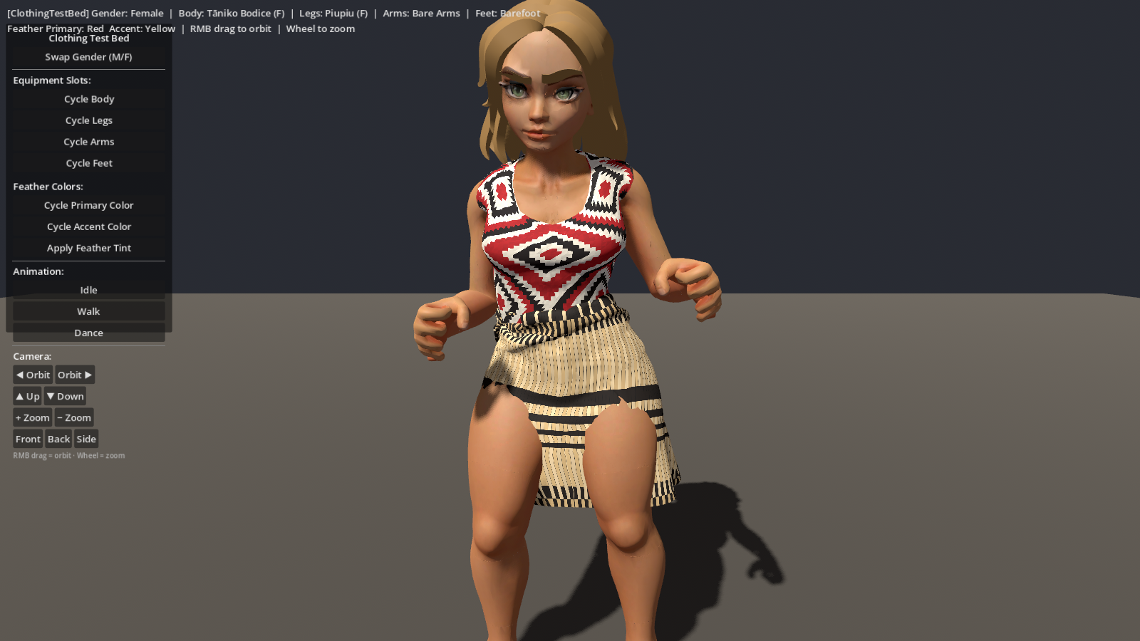 The same tāniko bodice and piupiu skirt on an animated character in the game's clothing test bed.