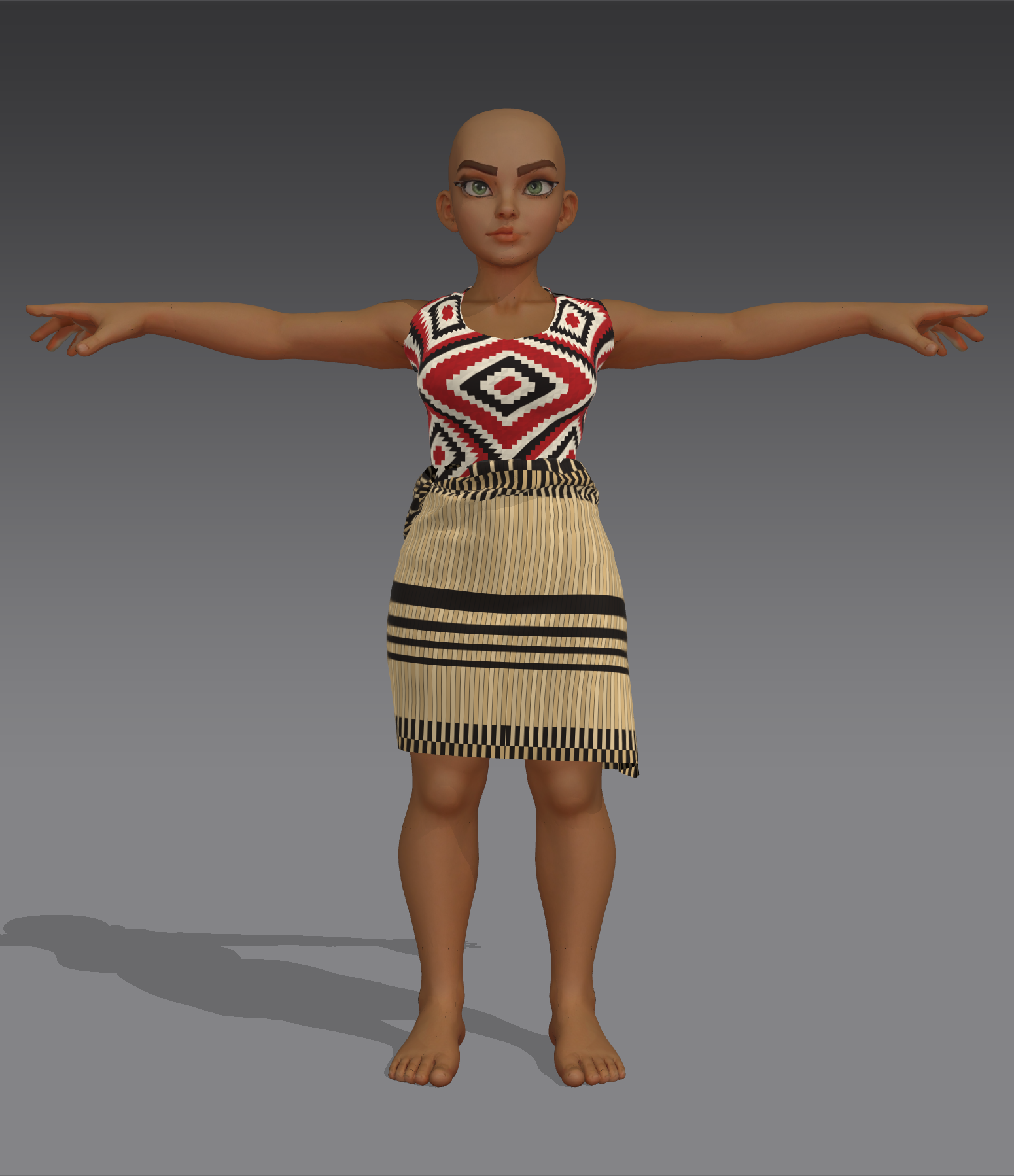 Lena in a red, black and white tāniko bodice with a flax-coloured piupiu skirt, arms out in T-pose.