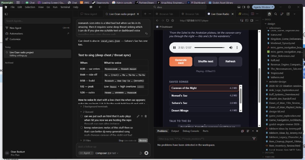 Live Ozan Radio in Cursor — player dashboard, saved songs, and DJ chat beside the editor